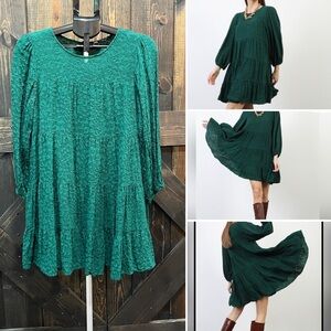 Zara Jacquard Boho Dress M Green Lace Balloon Sleeve Flowy Relaxed Party Holiday
